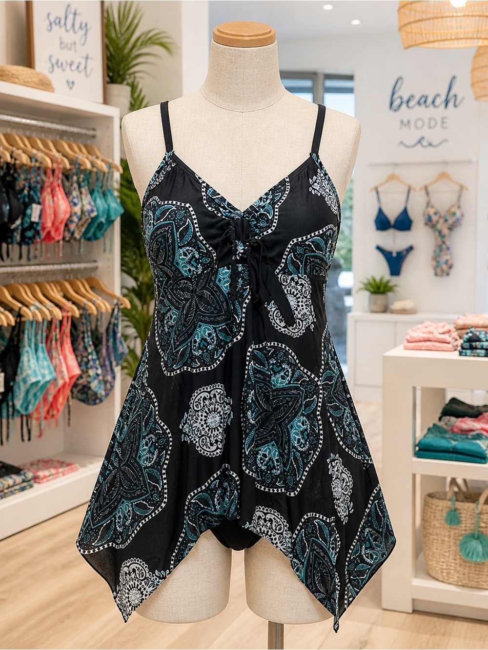 Black & Teal Paisley One Piece Handkerchief Swim Tunic, Size Medium, NWOT